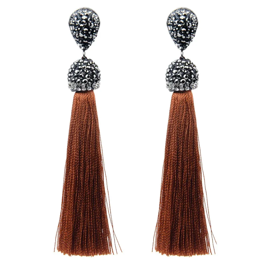 Long Tassel Earrings Handmade Bohemian Unusual Silk Crystal Dangle Drop Hanging Earrings