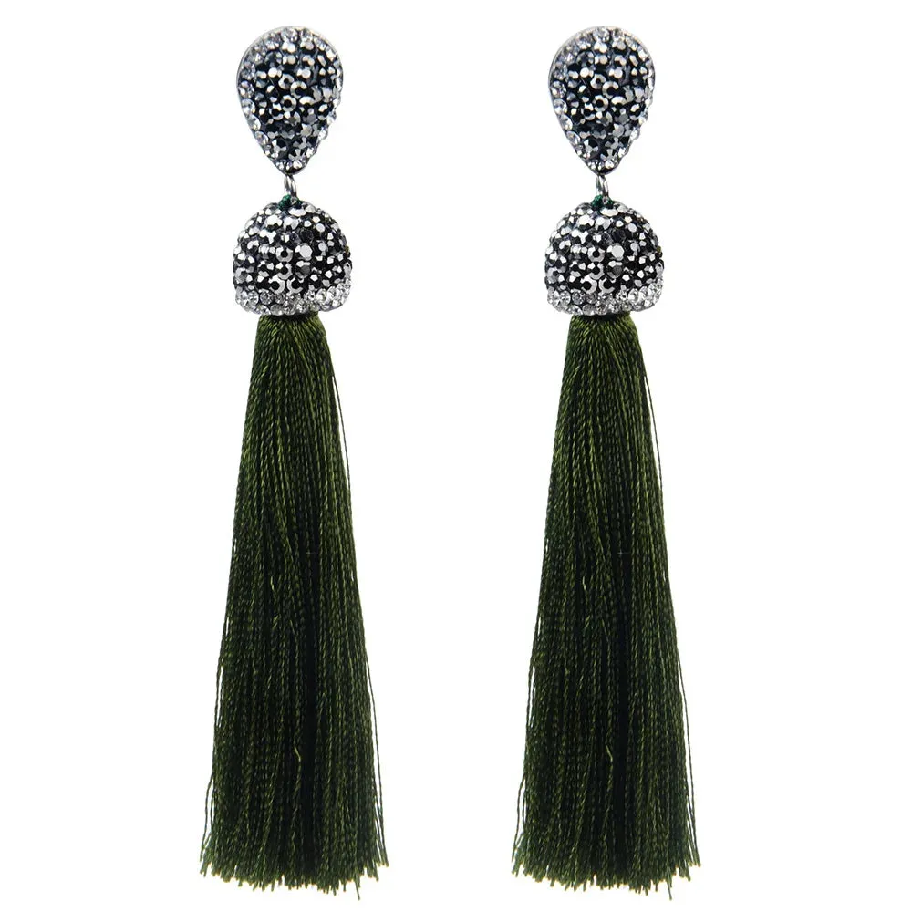 Long Tassel Earrings Handmade Bohemian Unusual Silk Crystal Dangle Drop Hanging Earrings