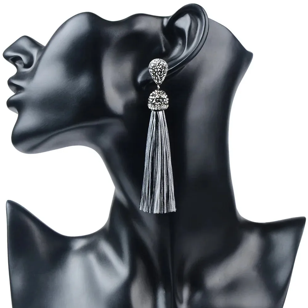 Long Tassel Earrings Handmade Bohemian Unusual Silk Crystal Dangle Drop Hanging Earrings