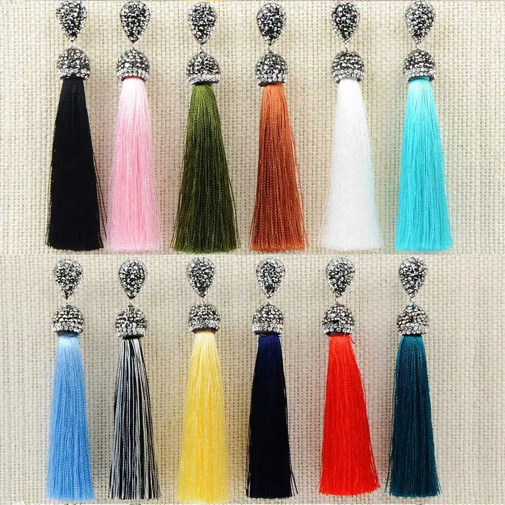 Long Tassel Earrings Handmade Bohemian Unusual Silk Crystal Dangle Drop Hanging Earrings