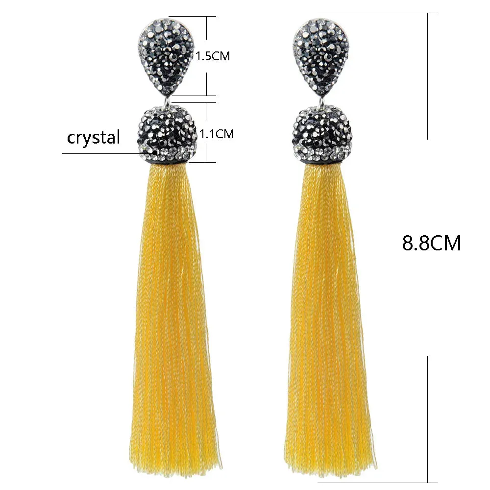 Long Tassel Earrings Handmade Bohemian Unusual Silk Crystal Dangle Drop Hanging Earrings