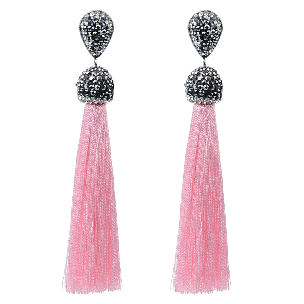 Long Tassel Earrings Handmade Bohemian Unusual Silk Crystal Dangle Drop Hanging Earrings