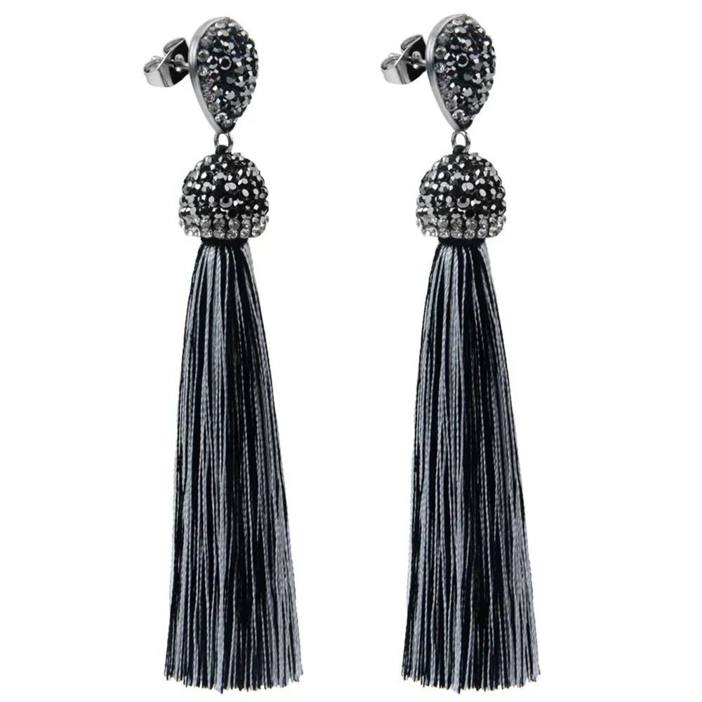 Long Tassel Earrings Handmade Bohemian Unusual Silk Crystal Dangle Drop Hanging Earrings