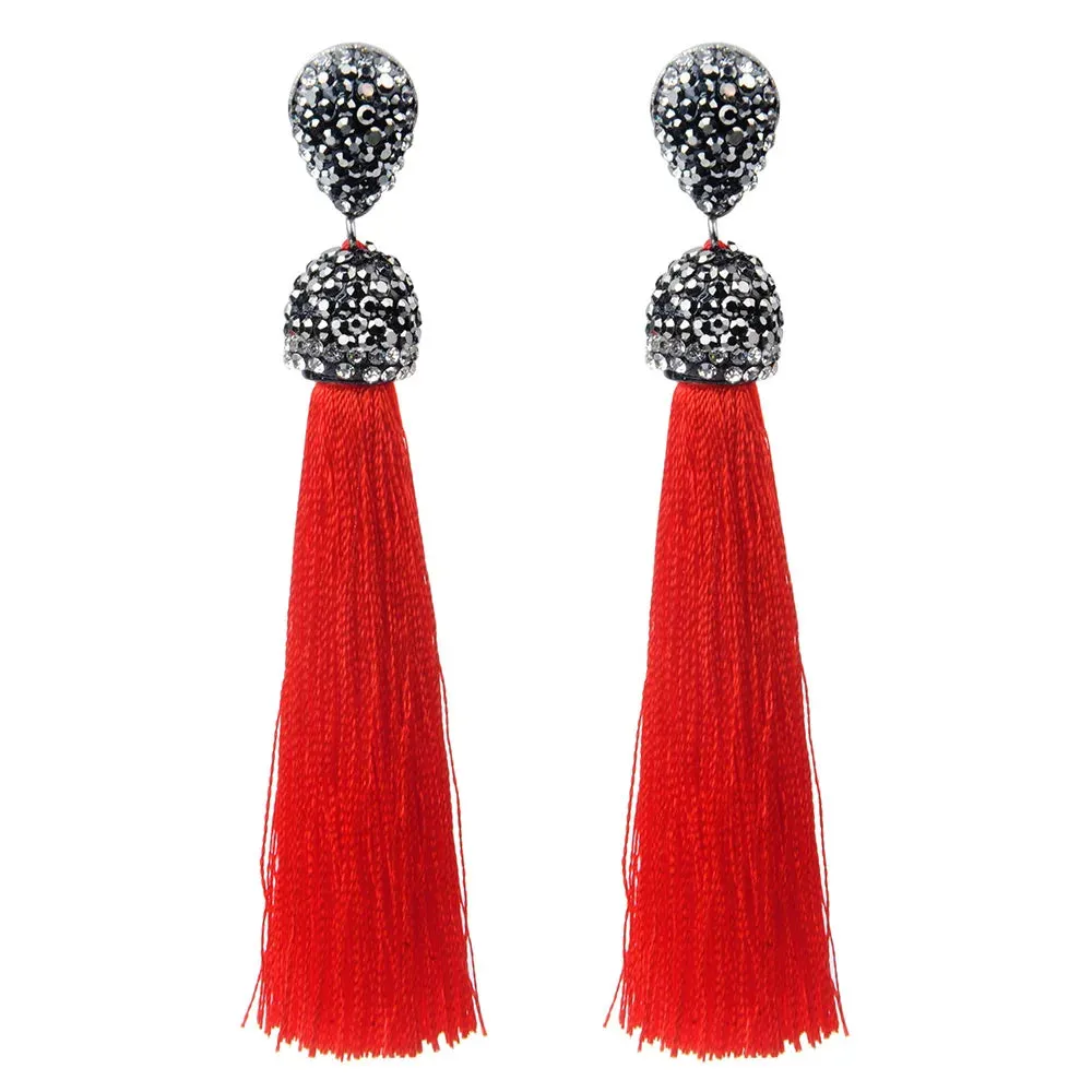 Long Tassel Earrings Handmade Bohemian Unusual Silk Crystal Dangle Drop Hanging Earrings
