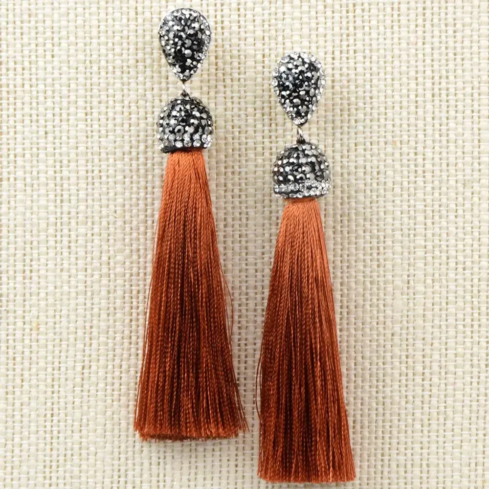 Long Tassel Earrings Handmade Bohemian Unusual Silk Crystal Dangle Drop Hanging Earrings