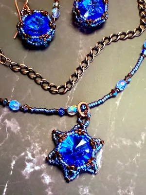 Lotus Flower Necklace | Handwoven Sapphire Blue Crystal & Copper Jewelry