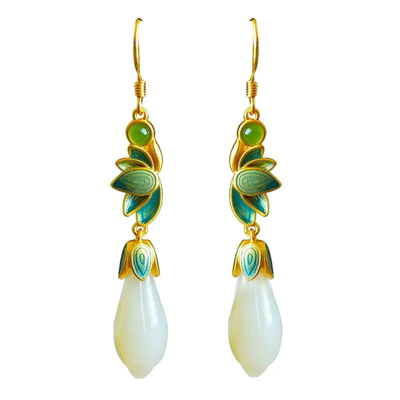 Magnolia Flower Drop Earrings with Natural Hetian Jade for Women