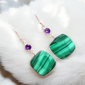 Malachite & Amethyst Solid 925 Sterling Silver Earrings