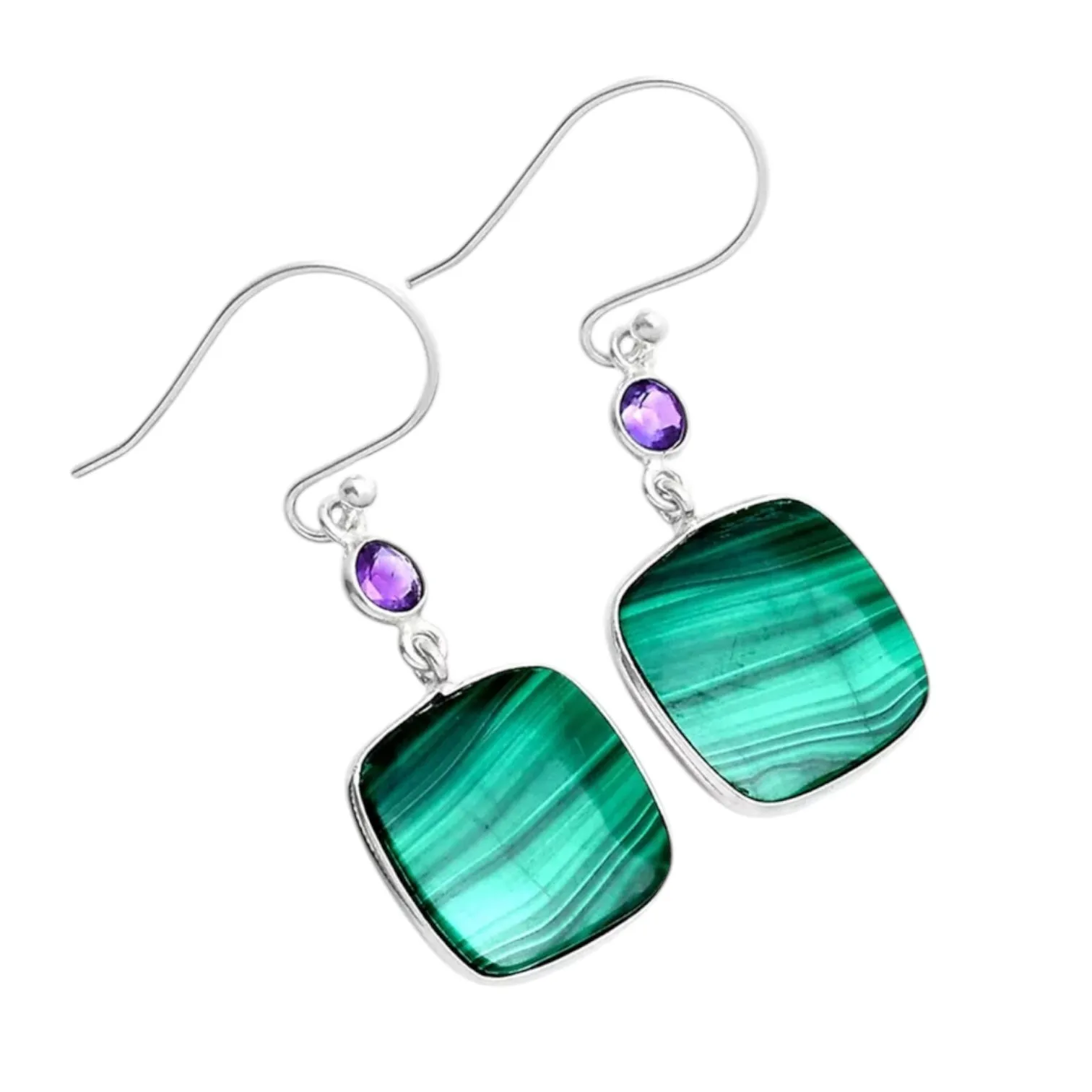 Malachite & Amethyst Solid 925 Sterling Silver Earrings