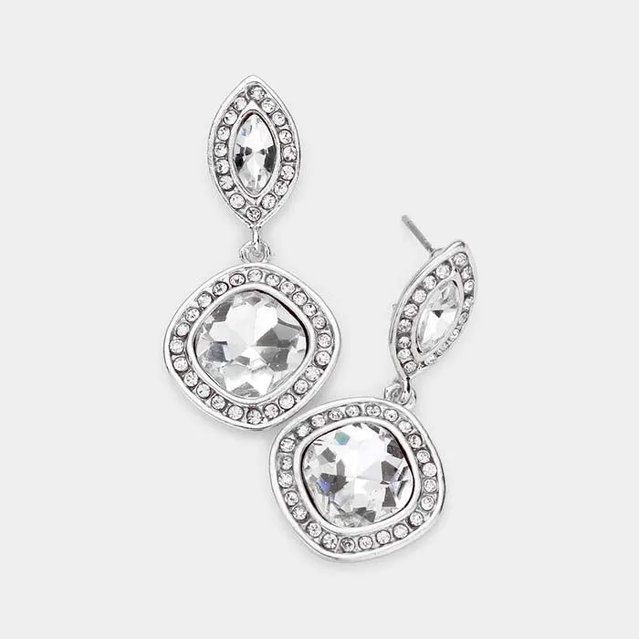 Marquise & Square Clear Crystal Silver Evening Earrings