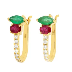 Marquise Cut Emerald Oval Cut Ruby Pave Diamond Hoop Earrings In Yellow Gold