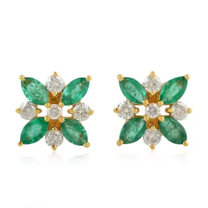 Marquise Cut Emerald Prong Rose Cut Diamond Stud Earrings in Yellow Gold