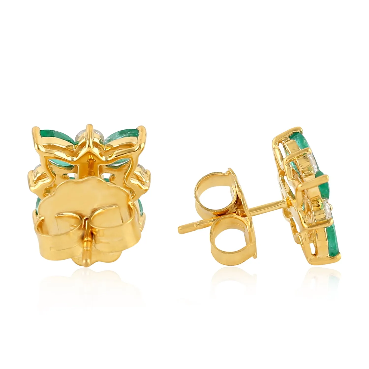 Marquise Cut Emerald Prong Rose Cut Diamond Stud Earrings in Yellow Gold