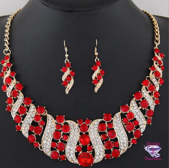 Marvelous Ruby and Gold Statement Necklace & Earrings