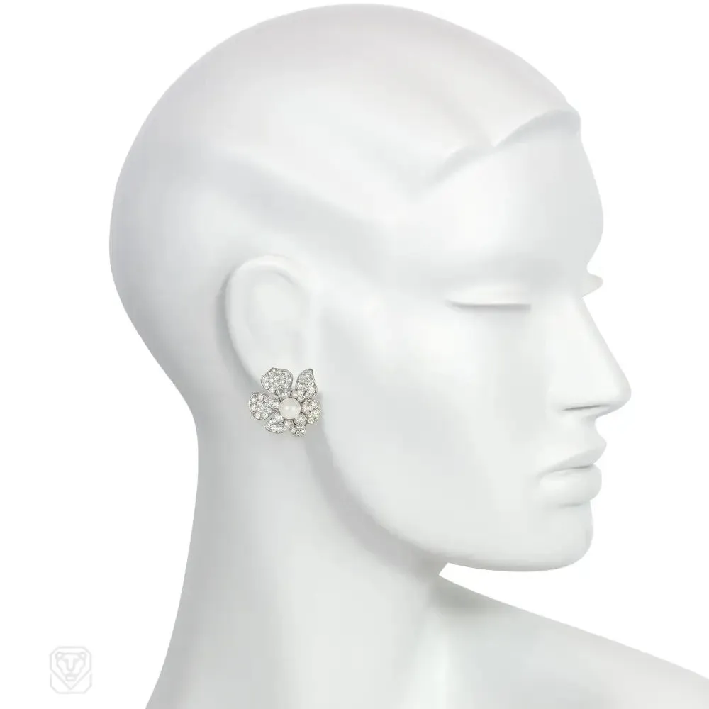 Mid-century pearl and diamond flower earrings