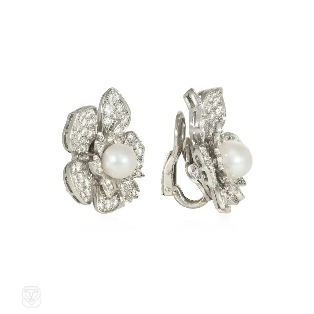 Mid-century pearl and diamond flower earrings