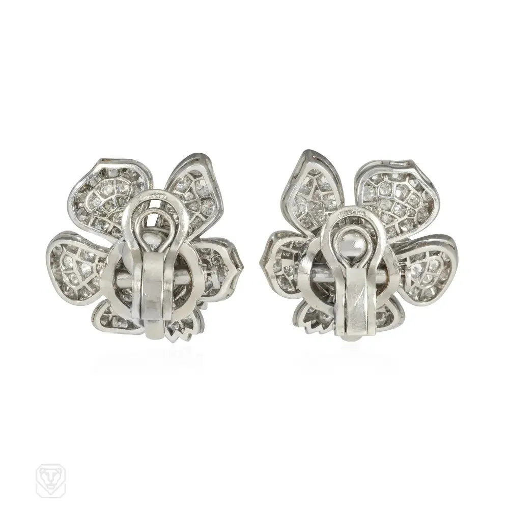 Mid-century pearl and diamond flower earrings