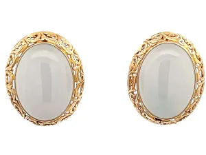 Mings Oval White Jade Earrings 14K Yellow Gold