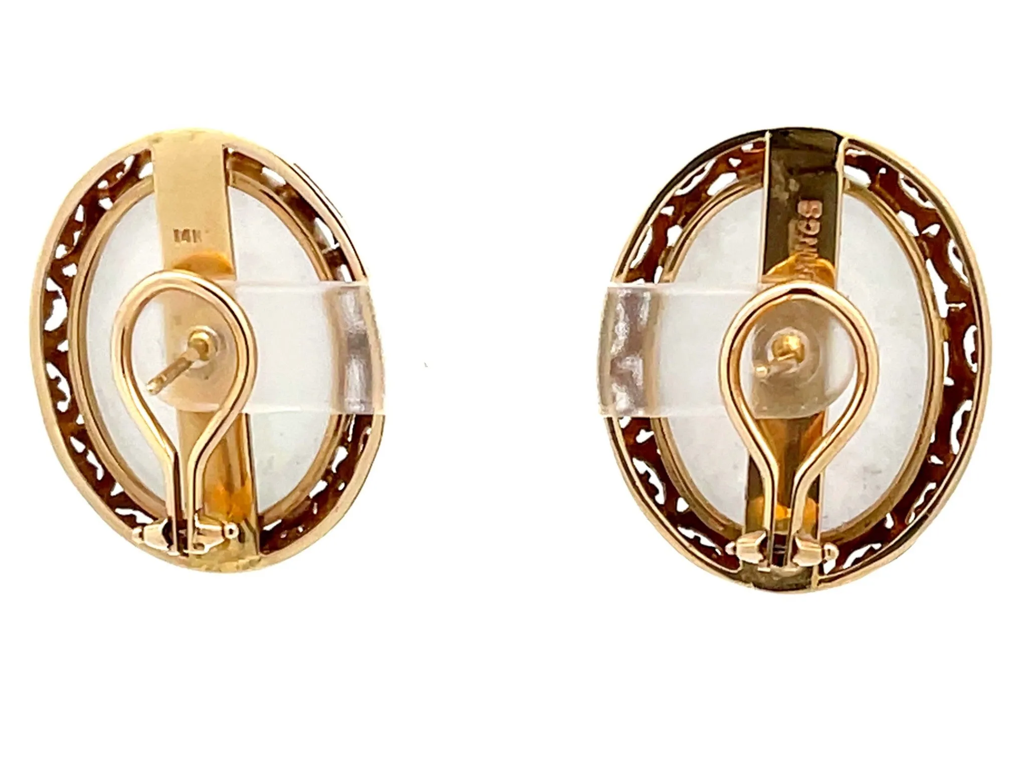 Mings Oval White Jade Earrings 14K Yellow Gold