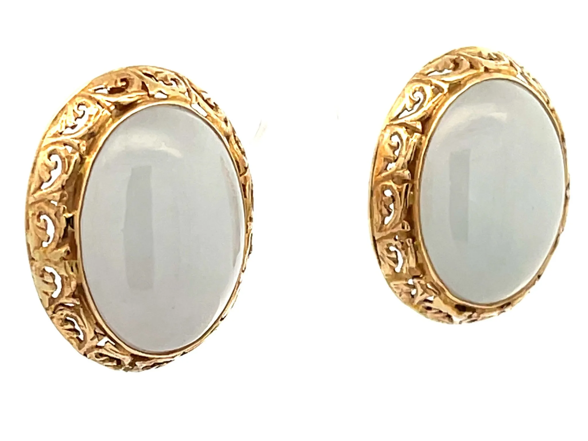 Mings Oval White Jade Earrings 14K Yellow Gold