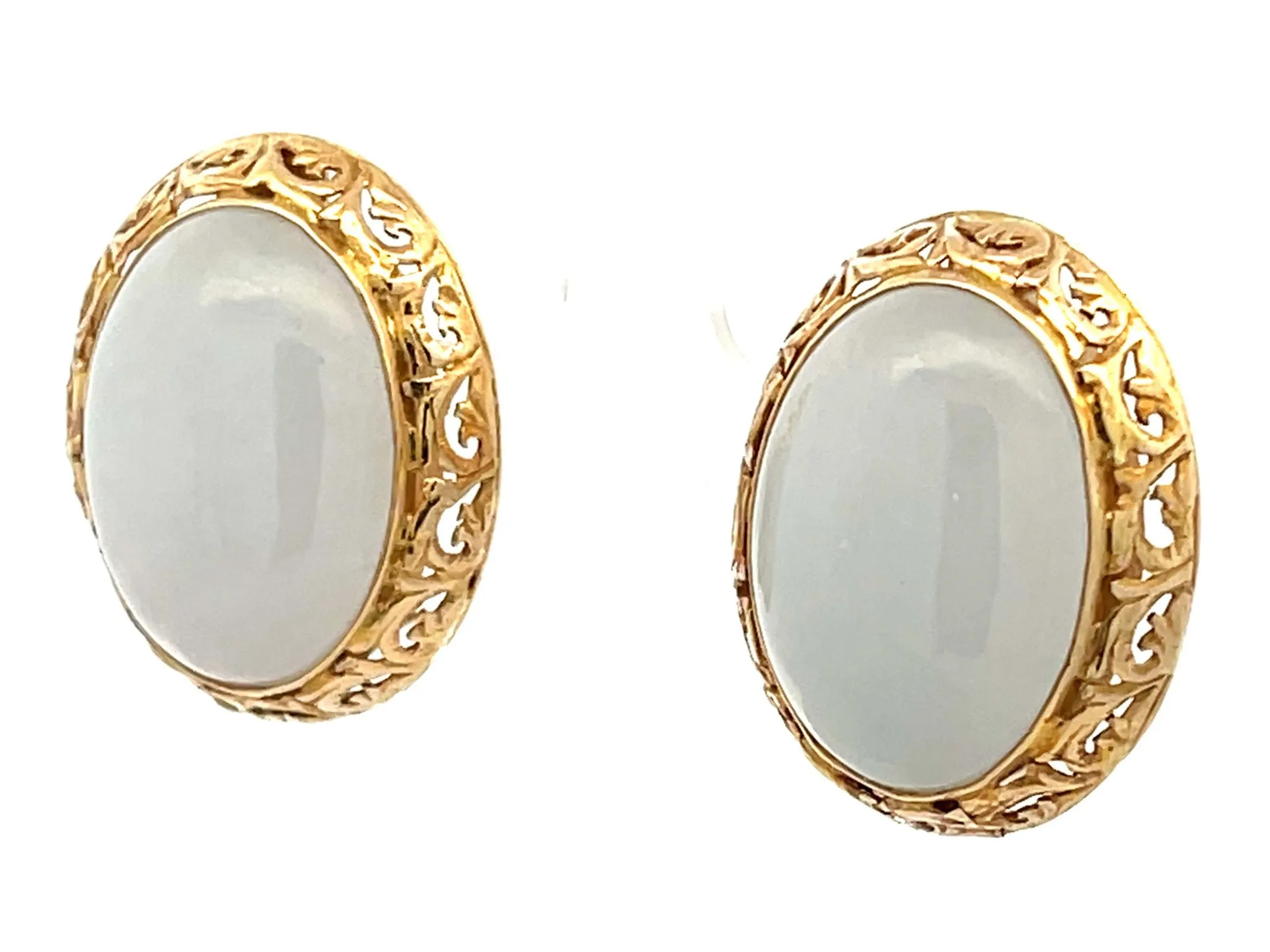 Mings Oval White Jade Earrings 14K Yellow Gold