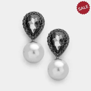 Miro Black Crystal Teardrop Gray Faux Pearl Earrings