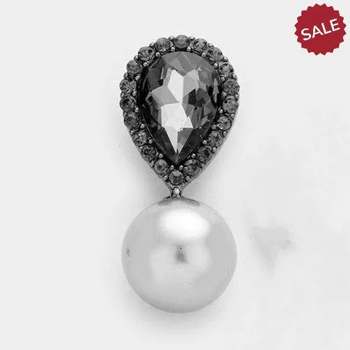 Miro Black Crystal Teardrop Gray Faux Pearl Earrings