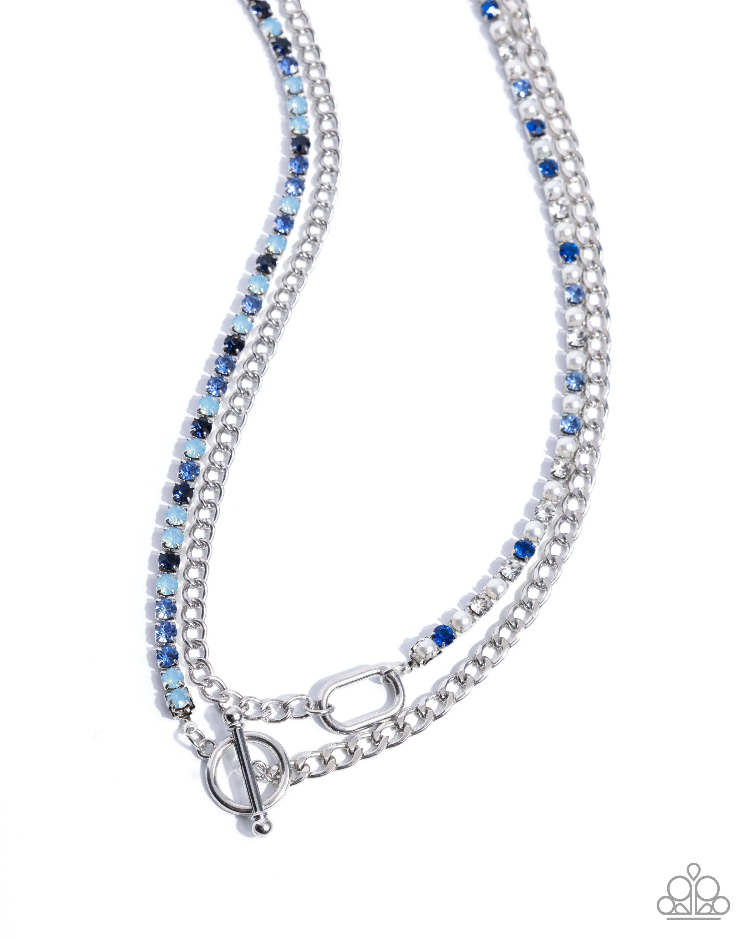 Mismatched Makeover - Blue - and Iridescent Rhinestone White Pearl Tiered Chain Paparazzi Toggle Short Necklace - January 2025 Life of the Party Exclusive