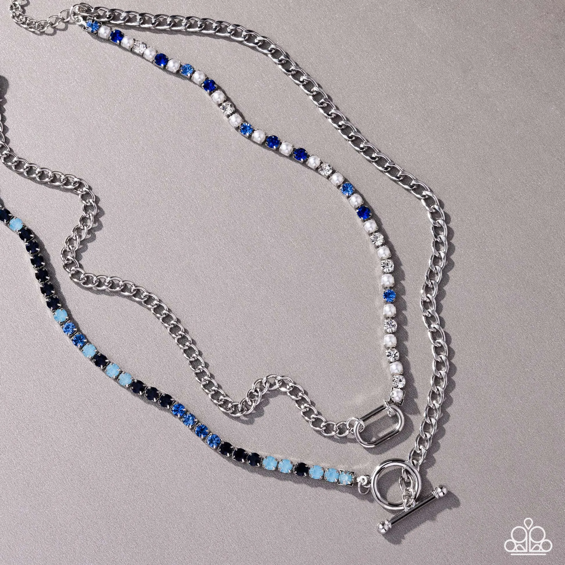 Mismatched Makeover - Blue - and Iridescent Rhinestone White Pearl Tiered Chain Paparazzi Toggle Short Necklace - January 2025 Life of the Party Exclusive