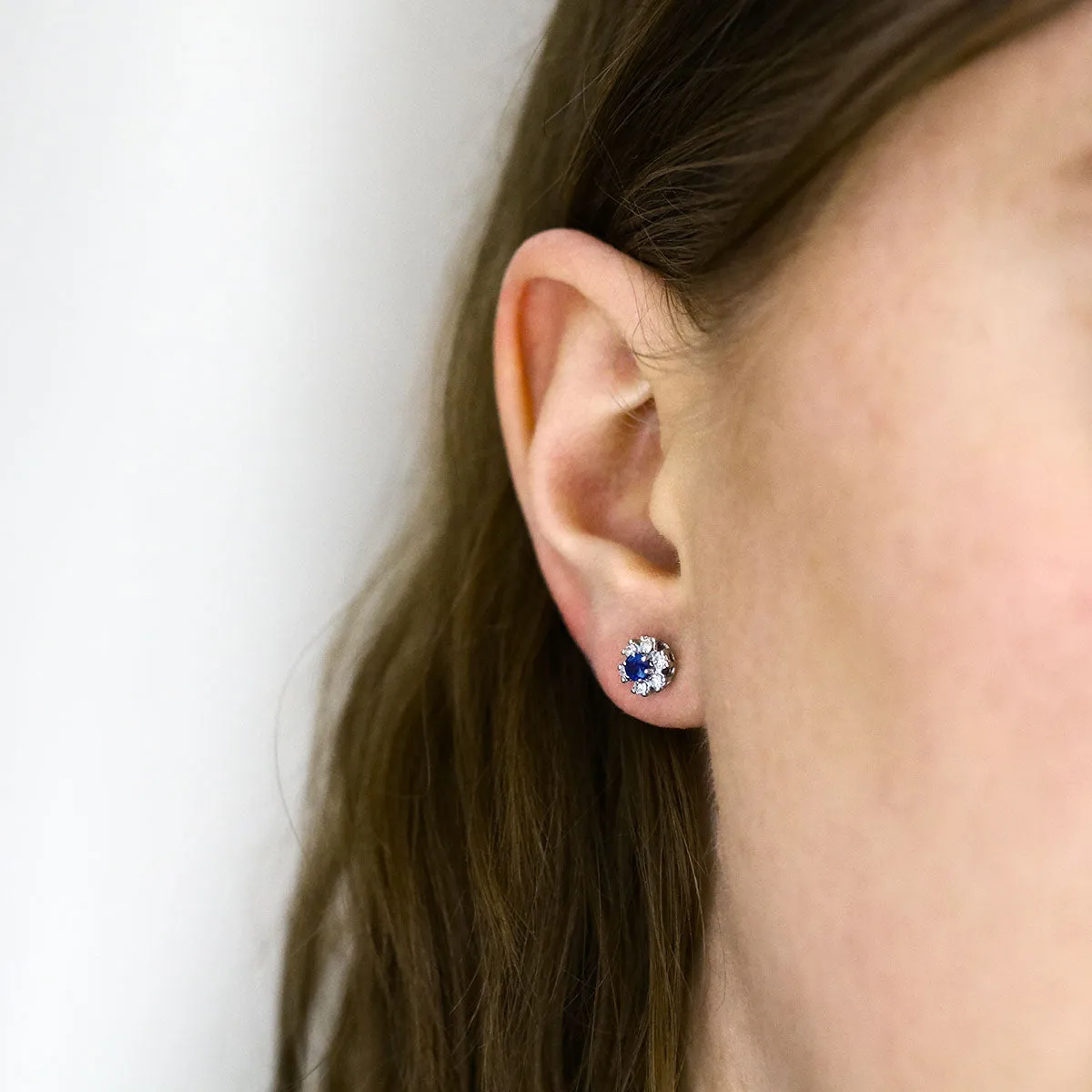 Mixed Cut Sapphire and 0.24 Brilliant Cut Diamond Cluster Earrings | pre-Loved | 18K White Gold