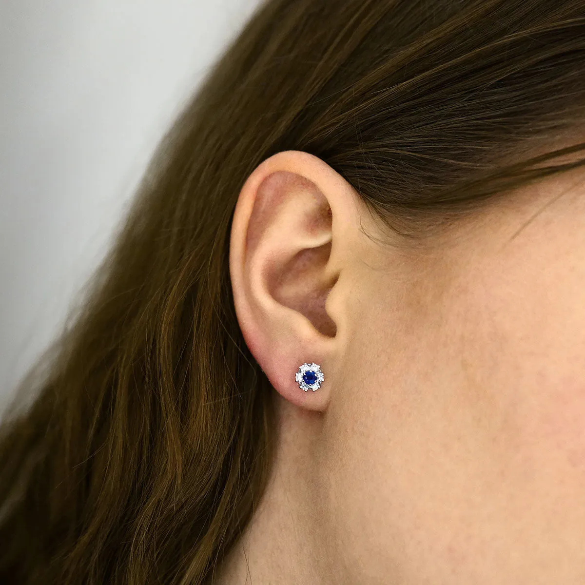 Mixed Cut Sapphire and 0.24 Brilliant Cut Diamond Cluster Earrings | pre-Loved | 18K White Gold