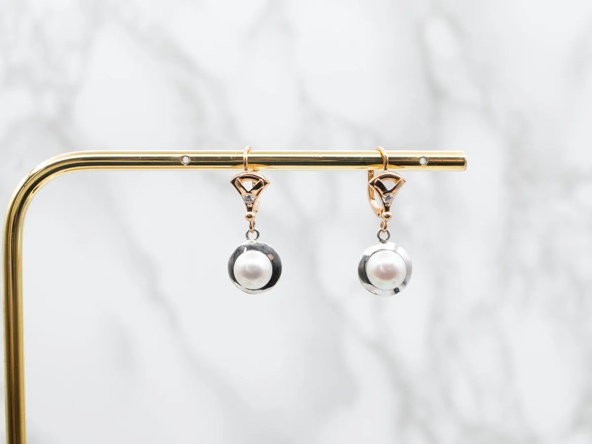 Mixed Metal Saltwater Pearl and Diamond Drop Earrings