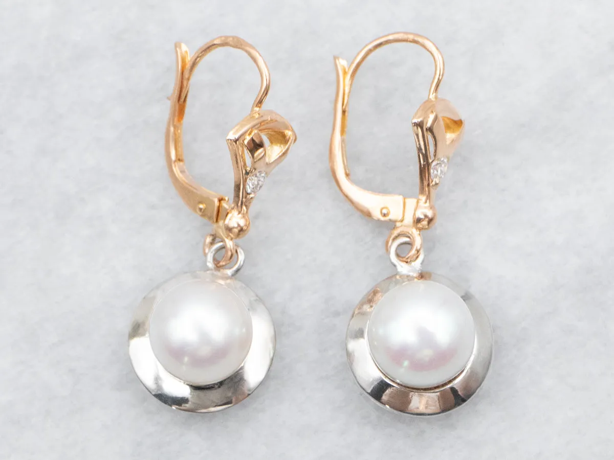 Mixed Metal Saltwater Pearl and Diamond Drop Earrings