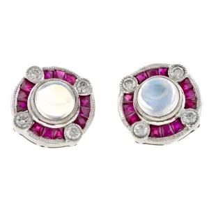 Moonstone, Ruby & Diamond Earrings