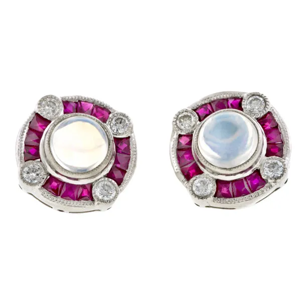 Moonstone, Ruby & Diamond Earrings
