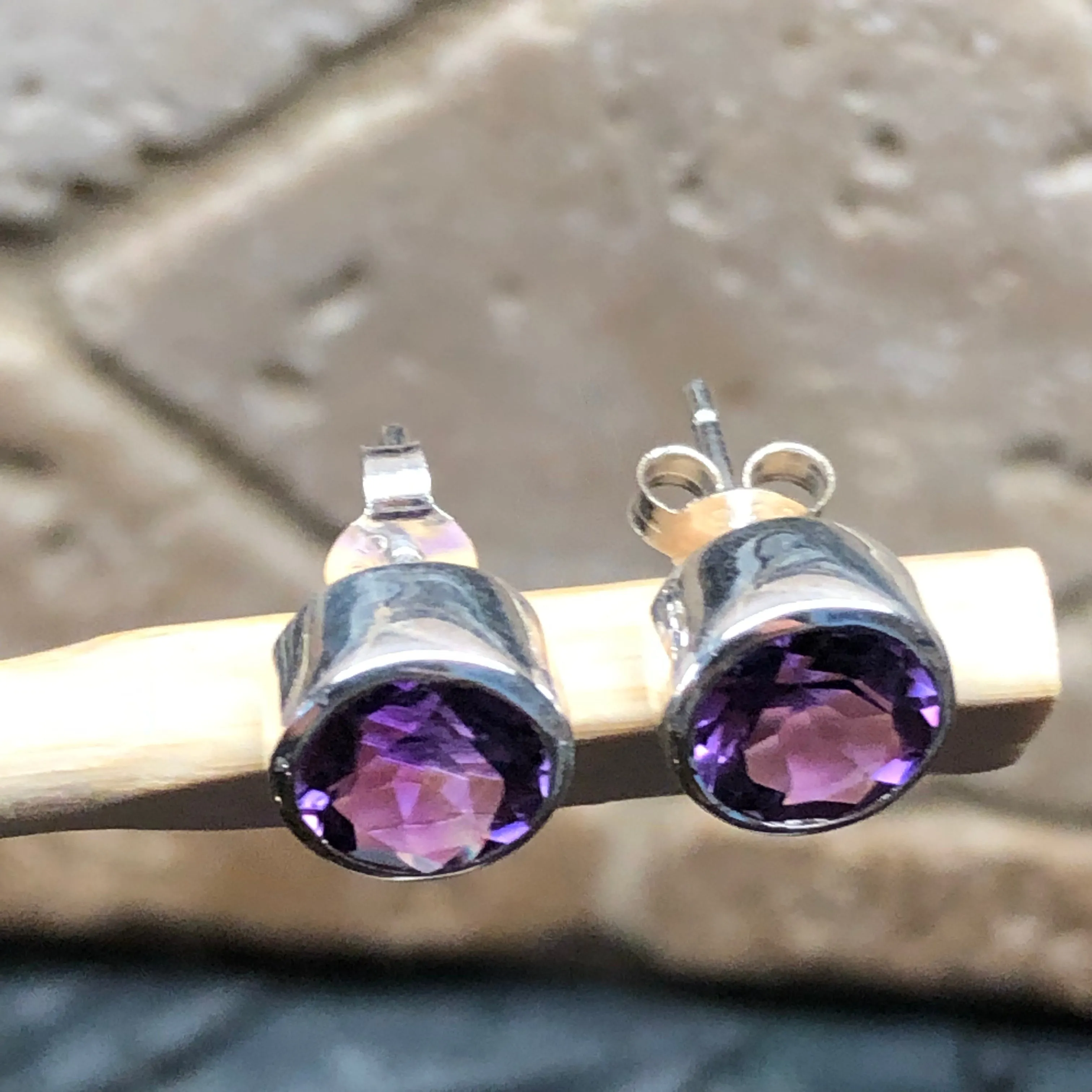 Natural 2ct Purple Amethyst 925 Sterling Silver Earrings 7mm