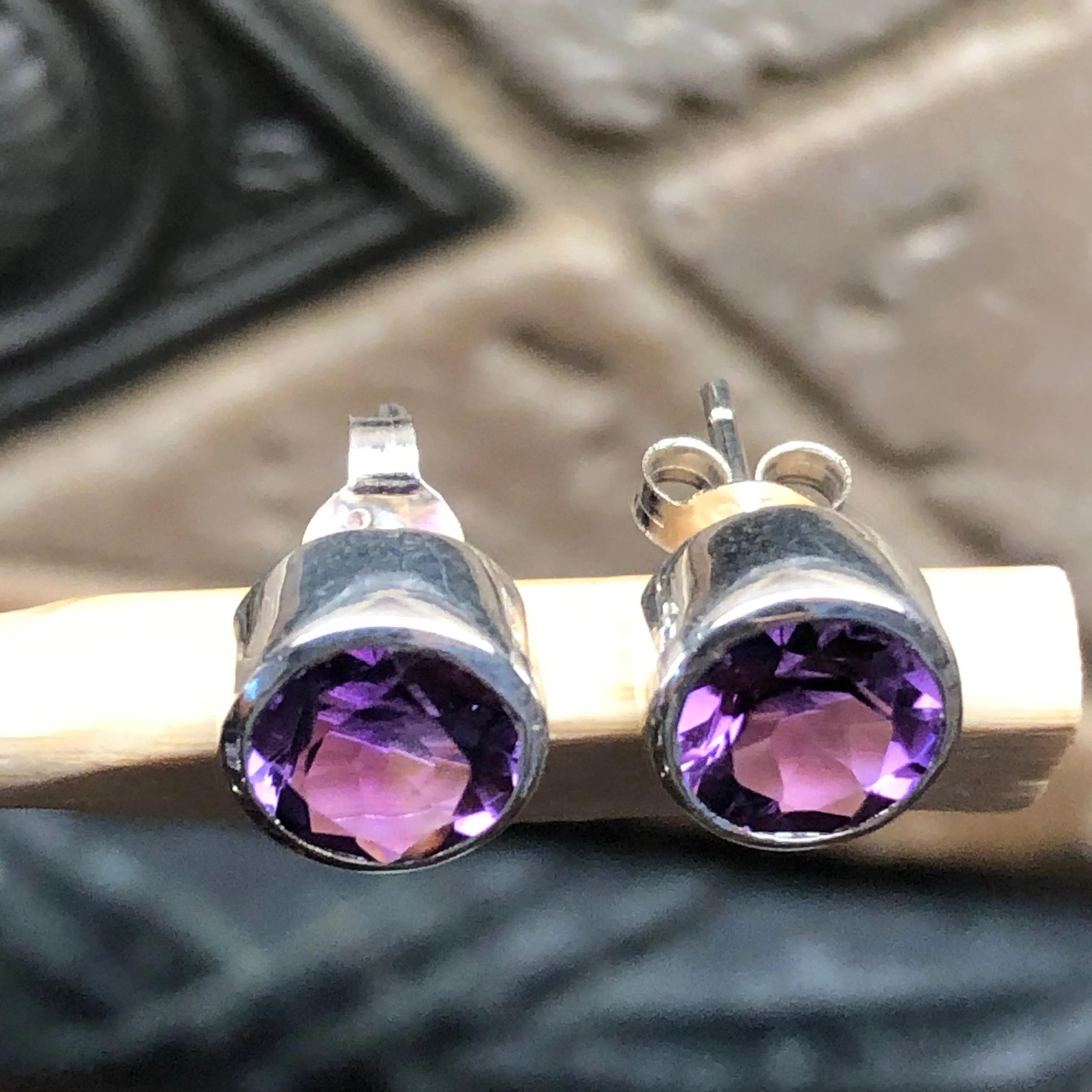 Natural 2ct Purple Amethyst 925 Sterling Silver Earrings 7mm