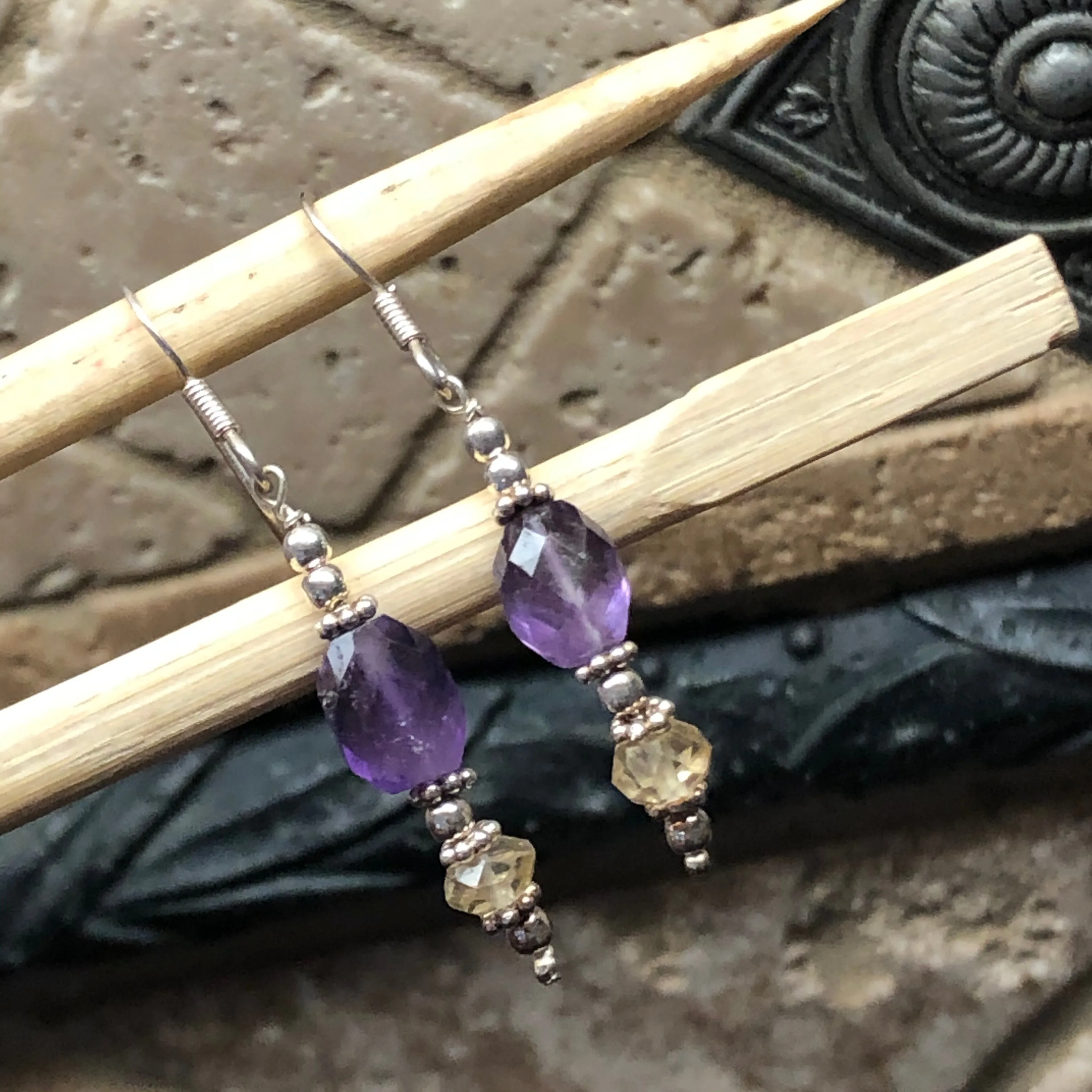 Natural Amethyst, Citrine 925 Solid Sterling Silver Earrings 40mm