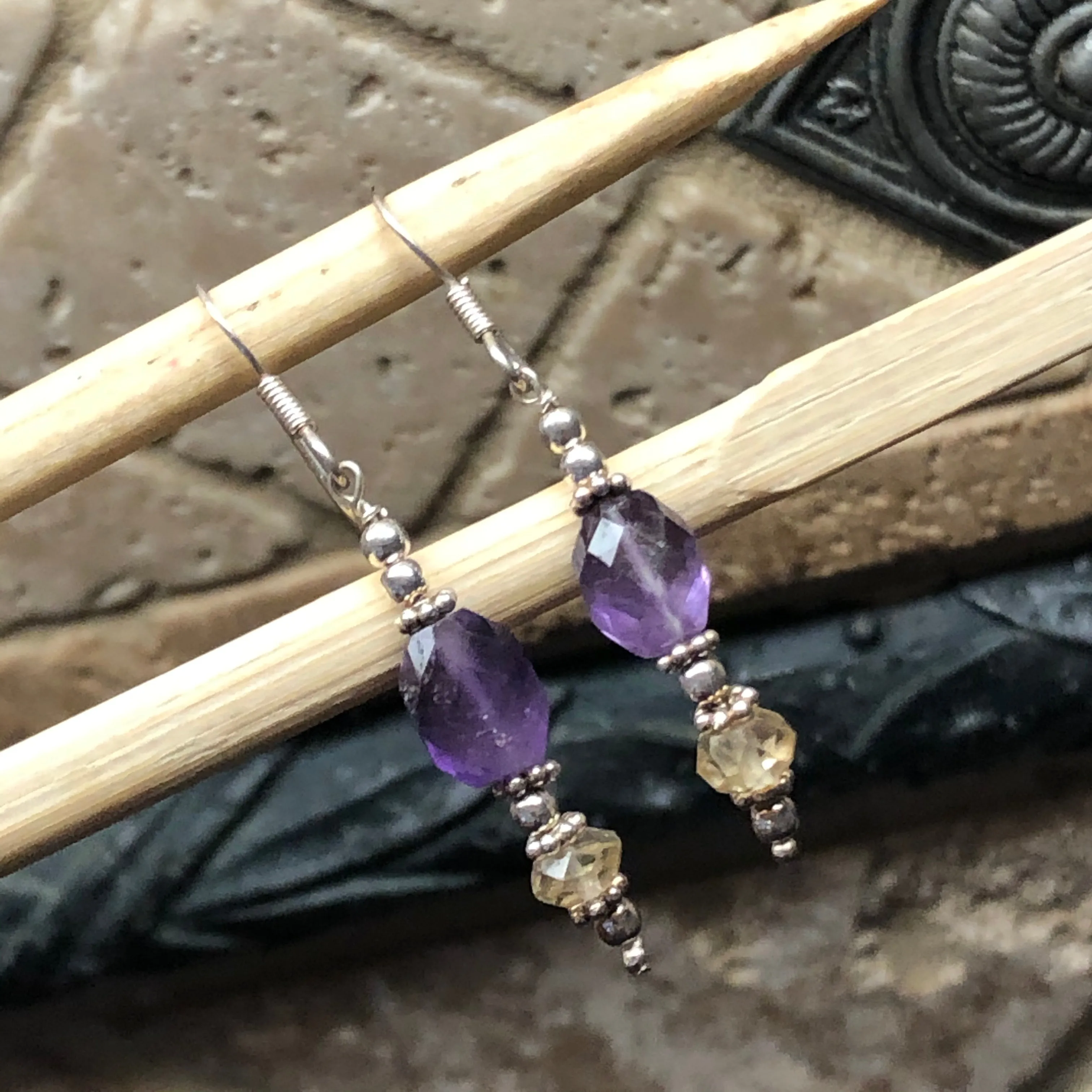 Natural Amethyst, Citrine 925 Solid Sterling Silver Earrings 40mm