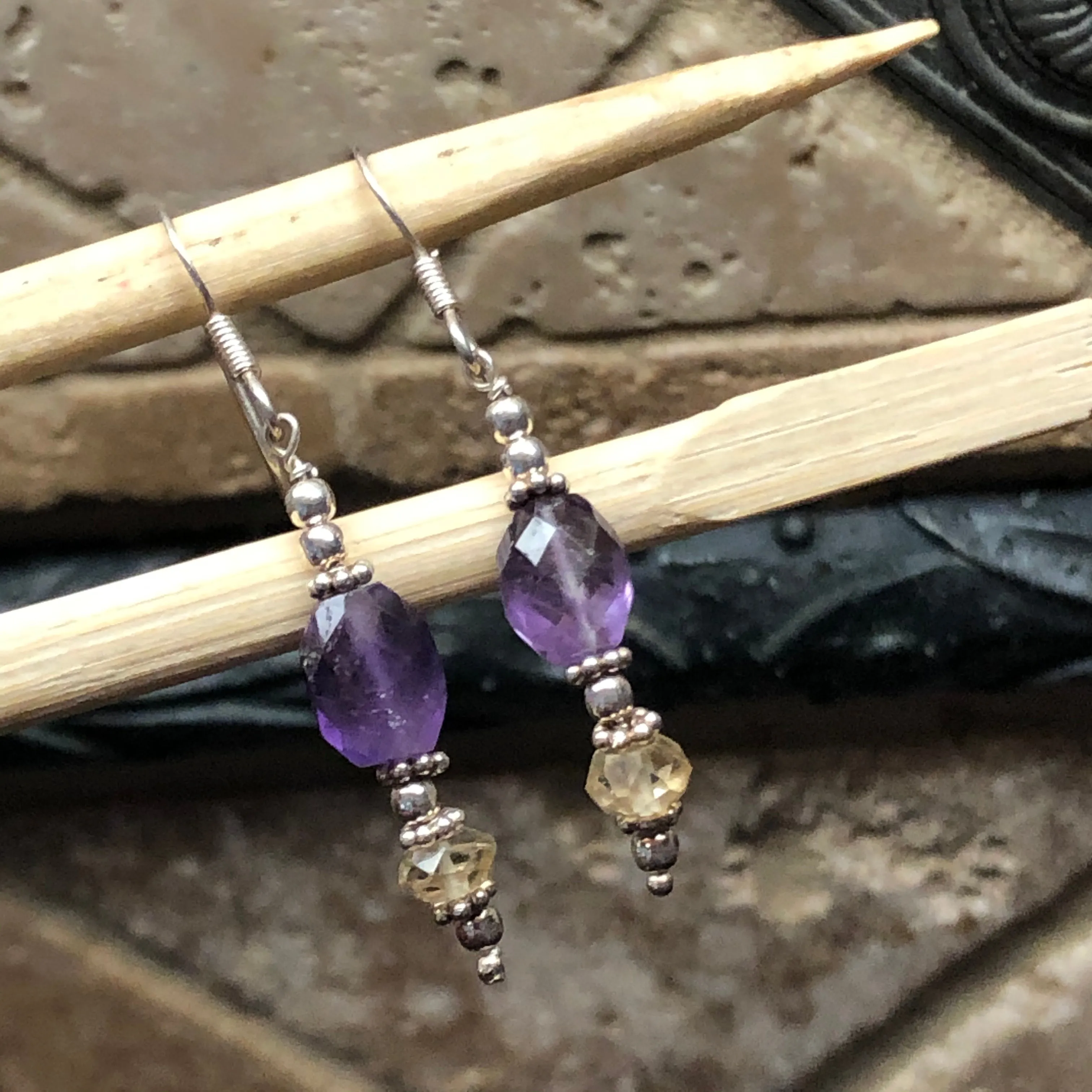 Natural Amethyst, Citrine 925 Solid Sterling Silver Earrings 40mm