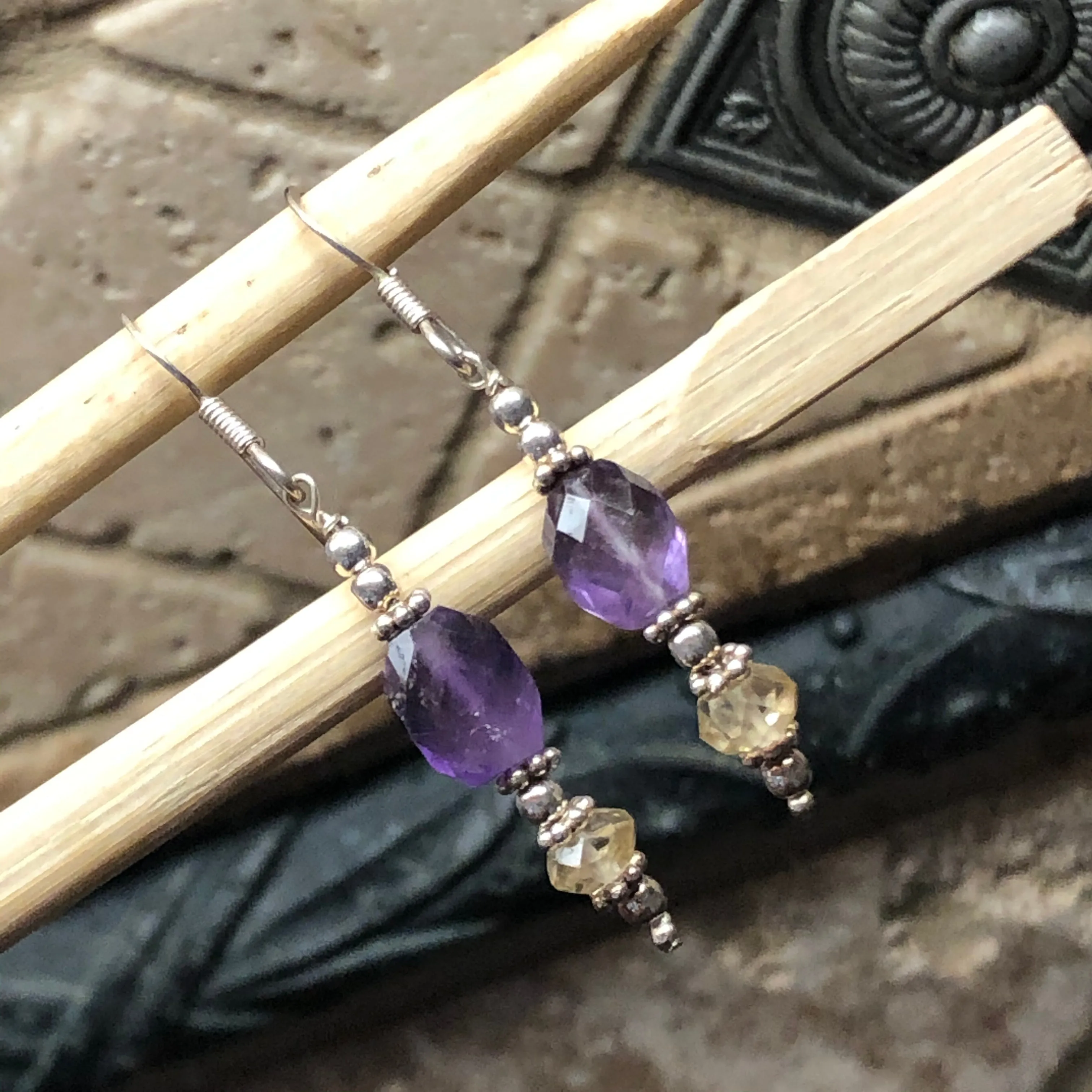 Natural Amethyst, Citrine 925 Solid Sterling Silver Earrings 40mm