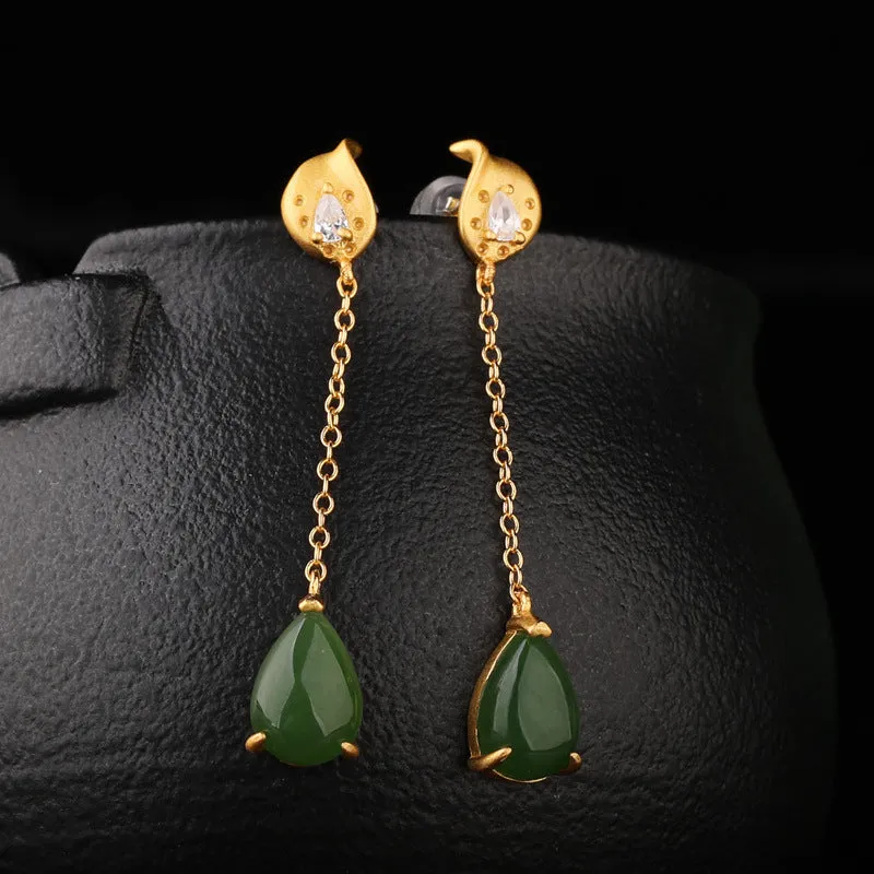 Natural Jade Earrings Nephrite Silver Earrings ZEG535