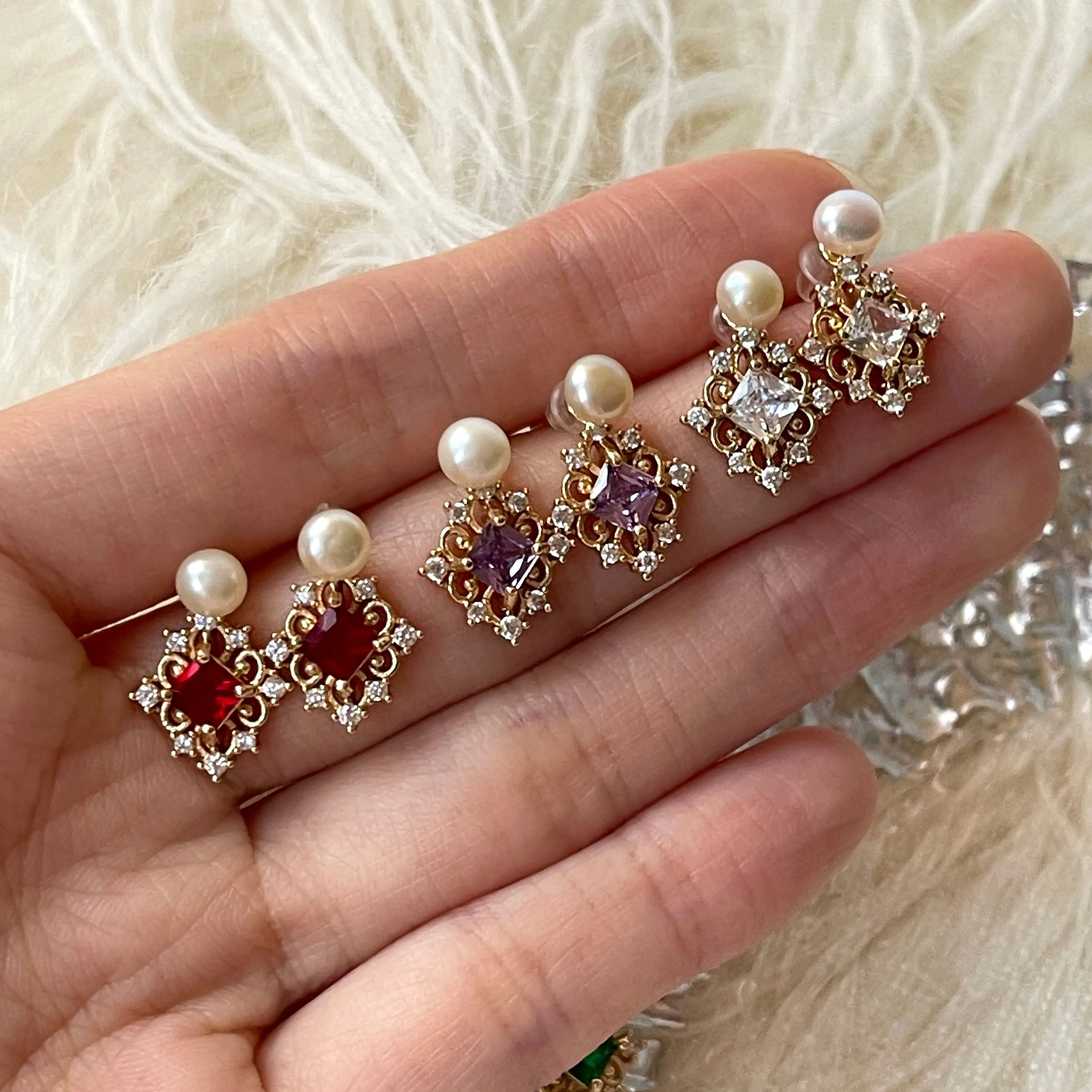 Natural Pearl Dainty Studs Ruby Amethyst Crystal Earrings