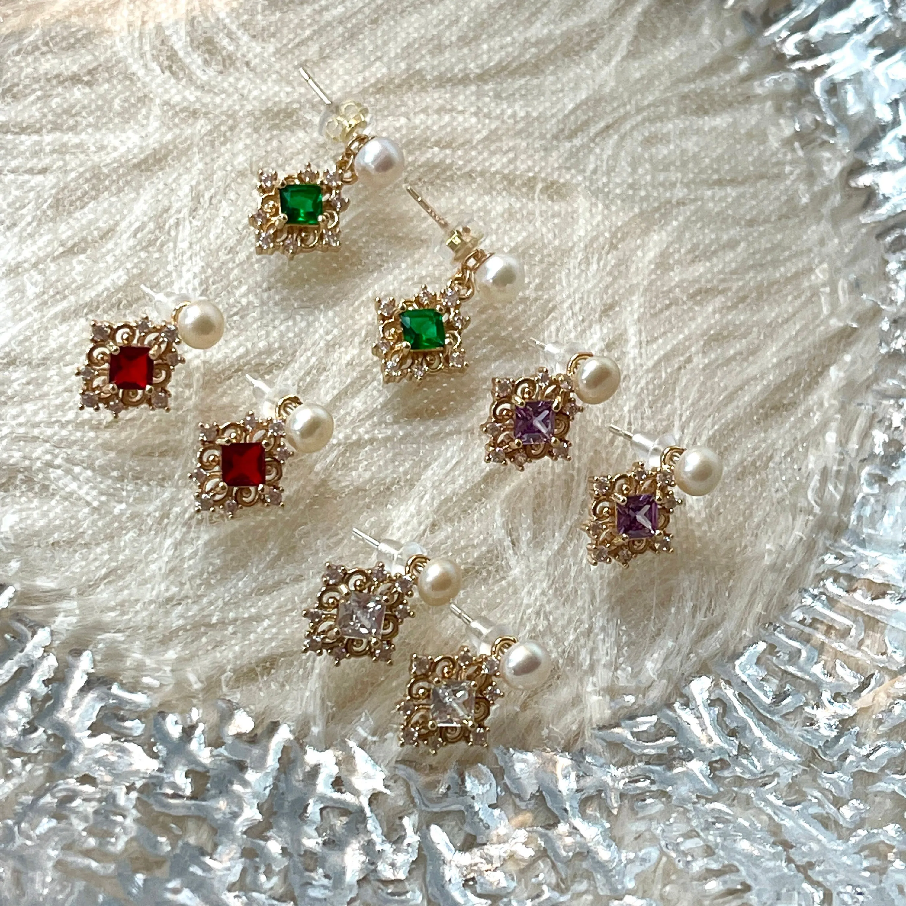 Natural Pearl Dainty Studs Ruby Amethyst Crystal Earrings
