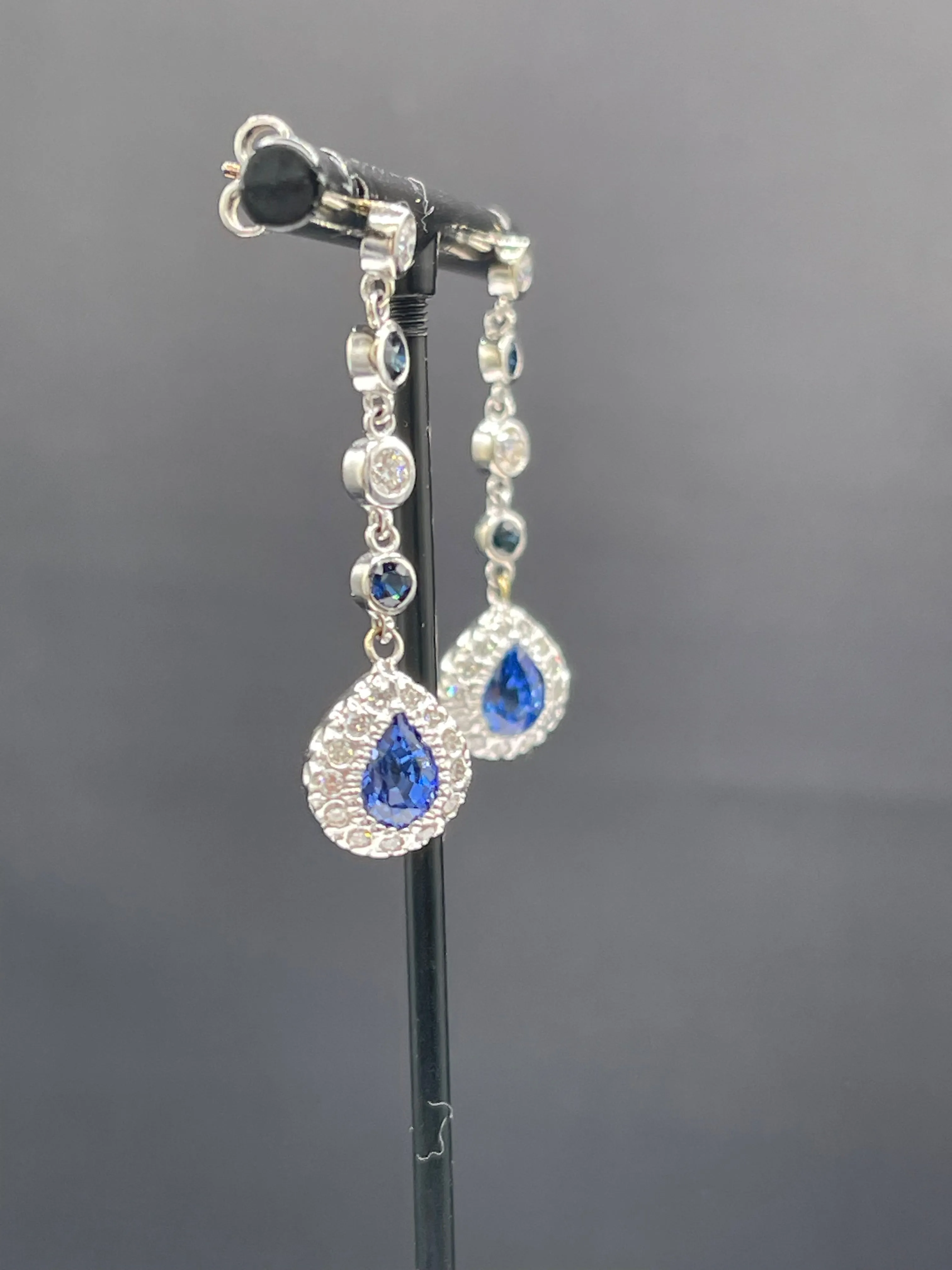 Natural Sapphire & Diamond 14k White Gold Dangle Earrings