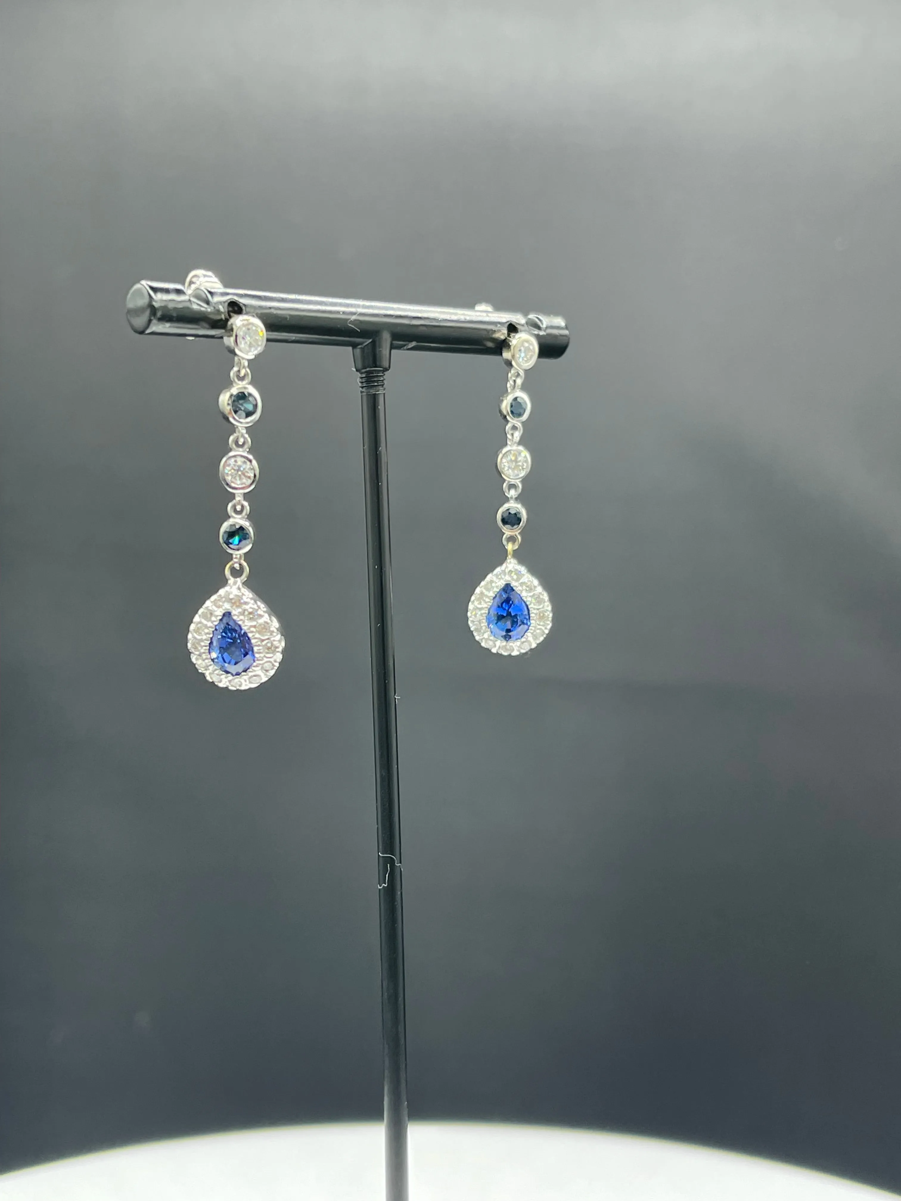 Natural Sapphire & Diamond 14k White Gold Dangle Earrings