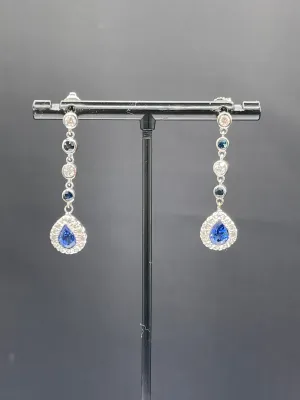 Natural Sapphire & Diamond 14k White Gold Dangle Earrings