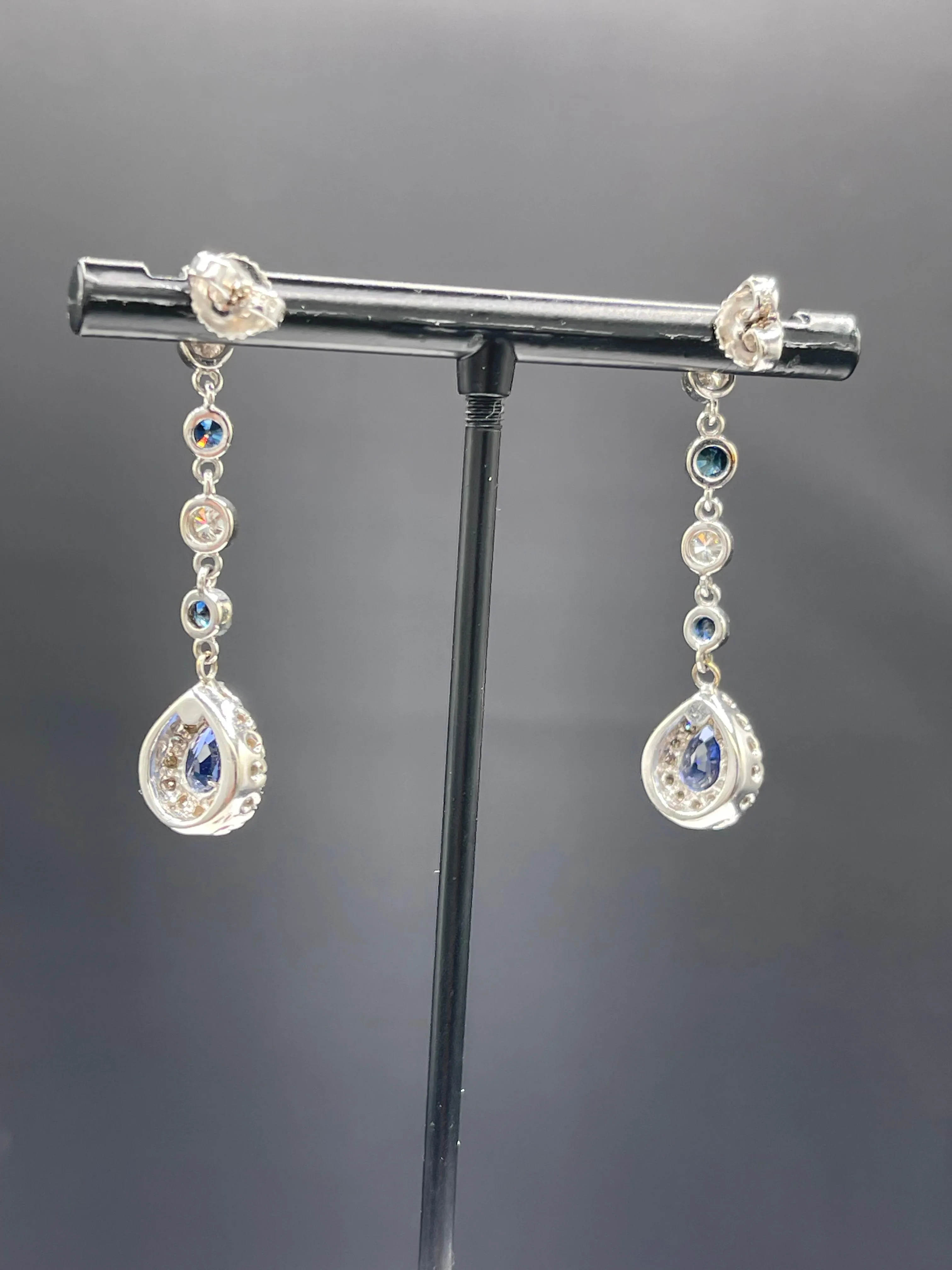 Natural Sapphire & Diamond 14k White Gold Dangle Earrings