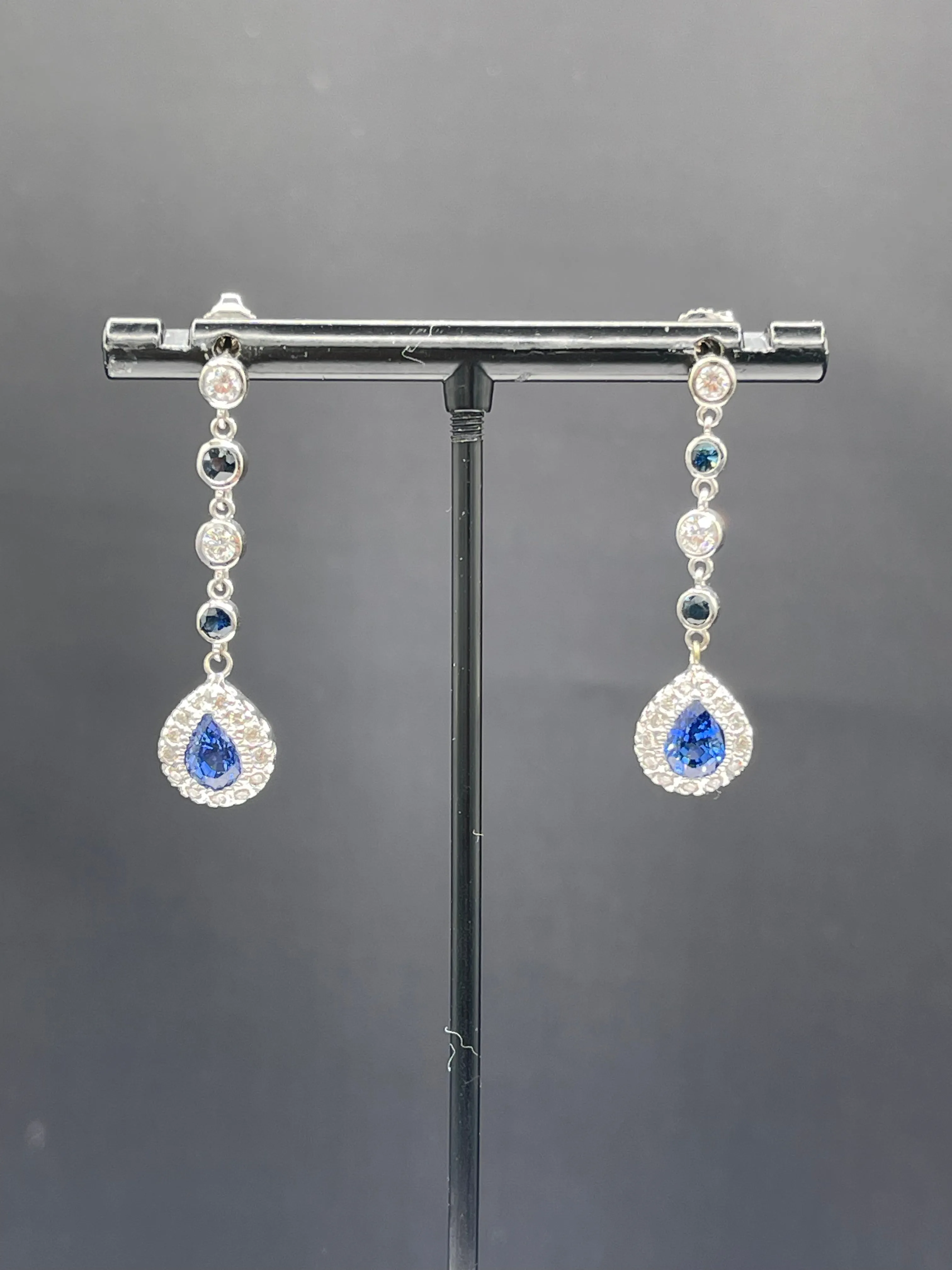 Natural Sapphire & Diamond 14k White Gold Dangle Earrings
