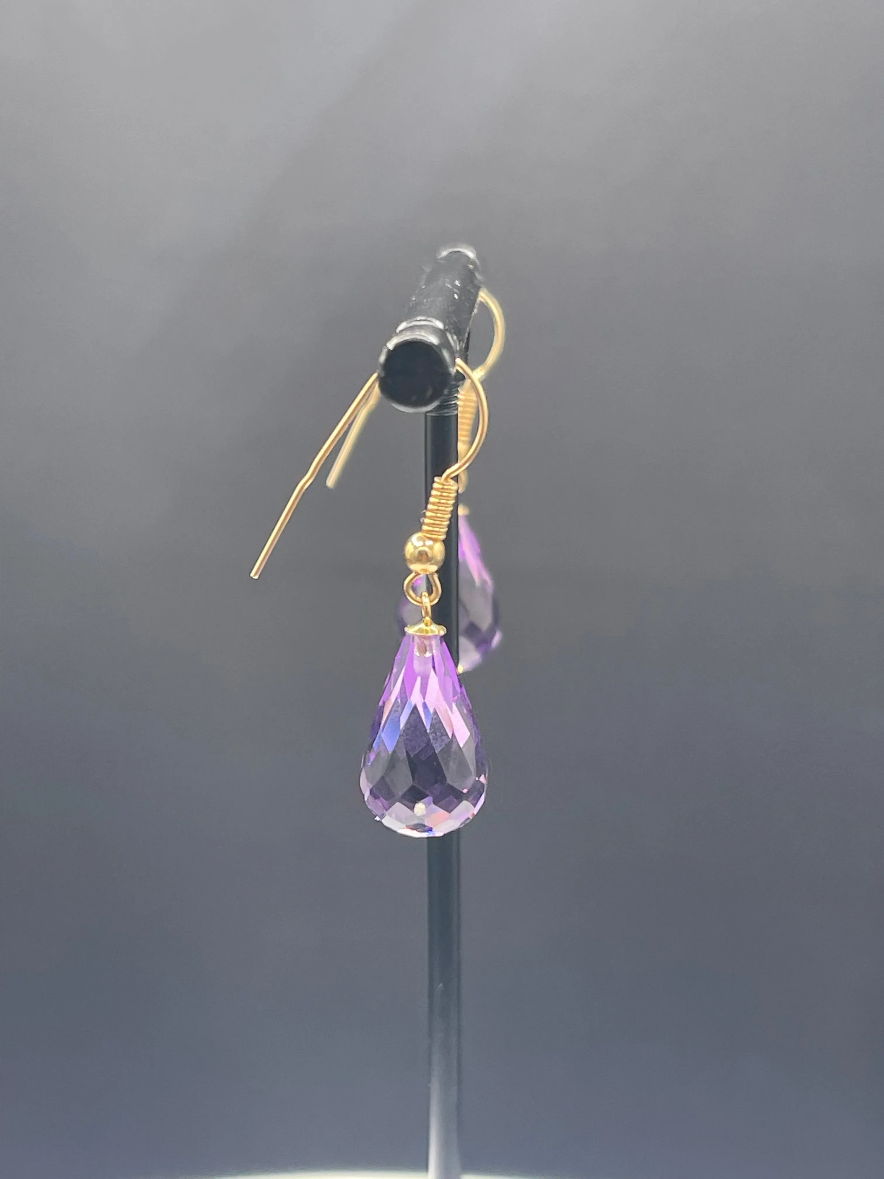 Natural Zambian Amethyst Briolette Cut 14k Yellow Gold Dangle Earrings